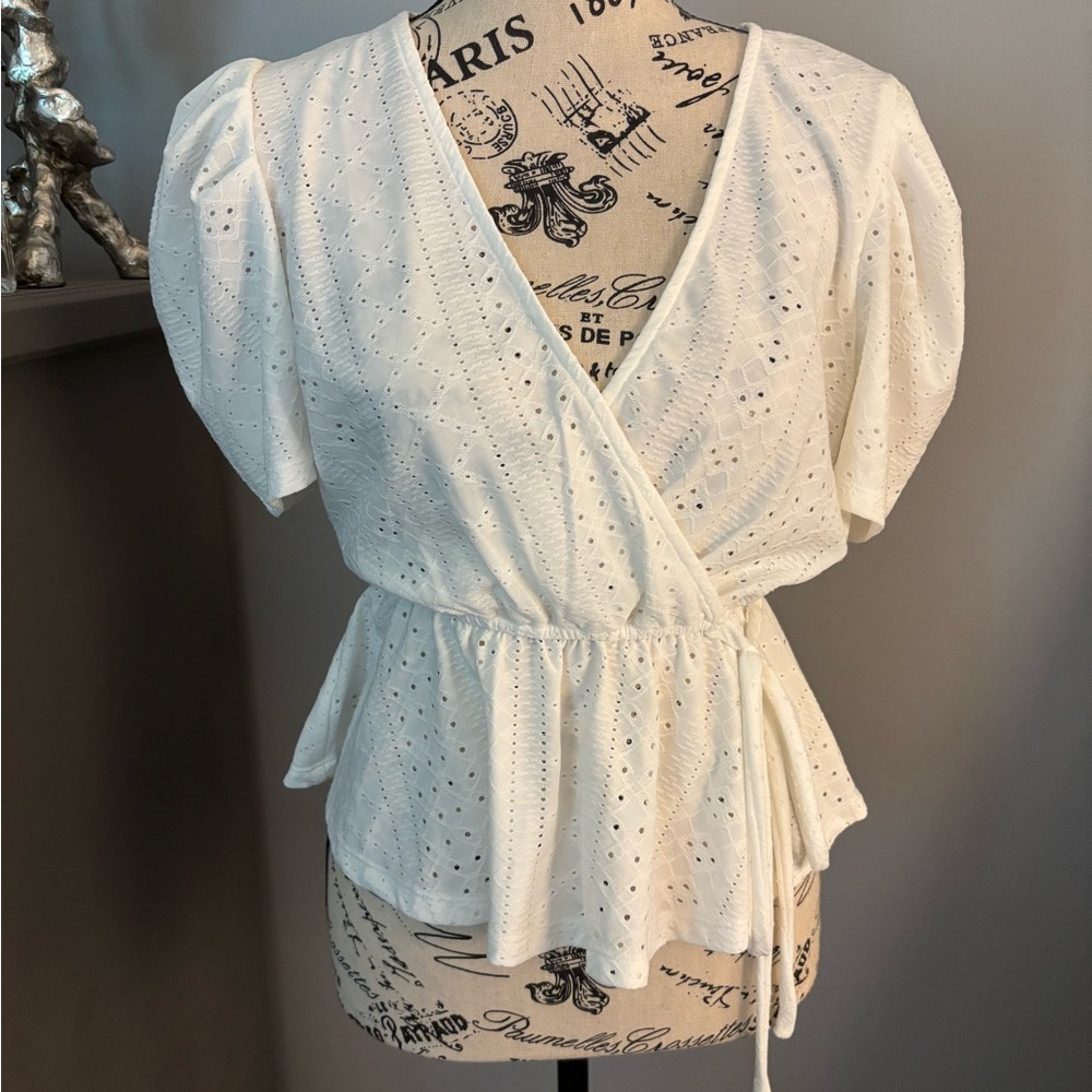 White Flutter Sleeve Wrap Blouse